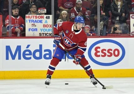 Apr 8, 2025; Montreal, Quebec, CAN; Montreal Canadiens defenseman Lane Hutson (48) skates during the warmup period before the game against the Detroit Red Wings at the Bell Centre. Mandatory Credit: Eric Bolte-Imagn Images Apr 8, 2025; Montreal, Quebec, CAN; Montreal Canadiens defenseman Lane Hutson (48) skates during the warmup period before the game against the Detroit Red Wings at the Bell Centre. Mandatory Credit: Eric Bolte-Imagn Images
