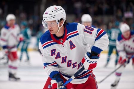 Mar 29, 2025; San Jose, California, USA; New York Rangers left wing Artemi Panarin (10) warms up before the game against the San Jose Sharks at SAP Center at San Jose. Mandatory Credit: Robert Edwards-Imagn Images