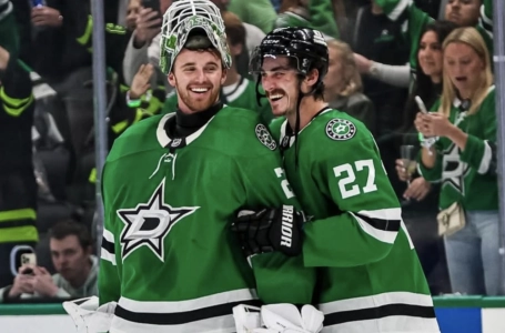 Stars' Jake Oettinger and Mason Marchment after a win Stars' Jake Oettinger and Mason Marchment after a win