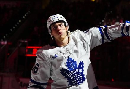 Jan 9, 2025; Raleigh, North Carolina, USA; Toronto Maple Leafs right wing Mitch Marner (16) looks up before the start of the game against the Carolina Hurricanes at Lenovo Center