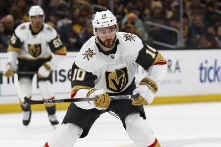 Feb 8, 2025; Boston, Massachusetts, USA; Vegas Golden Knights center Nicolas Roy (10) against the Boston Bruins during the second period at TD Garden. Mandatory Credit: Winslow Townson-Imagn Images