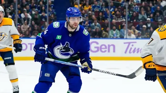 Jake DeBrusk with the Vancouver Canucks. Jake DeBrusk with the Vancouver Canucks.