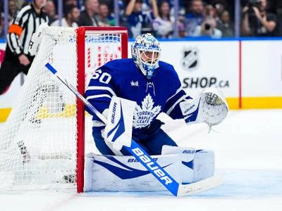 Joseph Woll of the Toronto Maple Leafs ready to make a save during home game