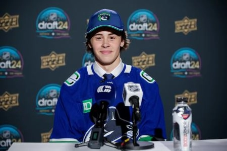 Anthony Romani speaks to the press after being drafted in 2024