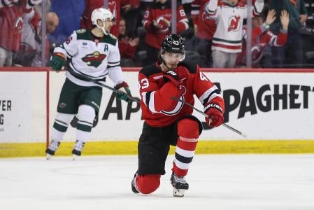 Mar 31, 2025; Newark, New Jersey, USA; New Jersey Devils defenseman Luke Hughes (43) celebrates his goal against the Minnesota Wild during the first period at Prudential Center. Mandatory Credit: Ed Mulholland-Imagn Images Mar 31, 2025; Newark, New Jersey, USA; New Jersey Devils defenseman Luke Hughes (43) celebrates his goal against the Minnesota Wild during the first period at Prudential Center. Mandatory Credit: Ed Mulholland-Imagn Images