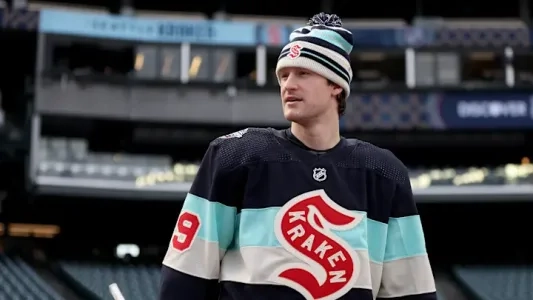 Jared McCann with the Seattle Kraken during the NHL Winter Classic.