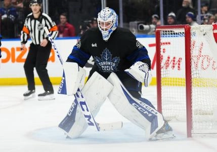Jan 22, 2025; Toronto, Ontario, CAN; Toronto Maple Leafs goaltender Dennis Hildeby (35) follows the play against the Columbus Blue Jackets during the second period at Scotiabank Arena. Mandatory Credit: Nick Turchiaro-Imagn Images