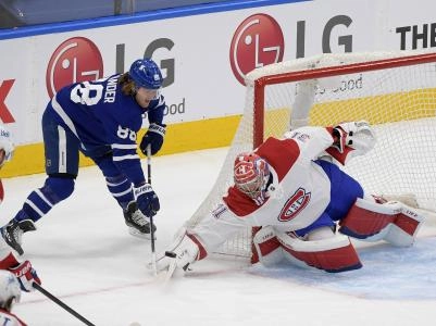 May 27, 2021; Toronto, Ontario, CAN; Montreal Canadiens goalie Carey Price (31) blocks a scoring attempt by Toronto Maple Leafs forward William Nylander (88) in game five of the first round of the 2021 Stanley Cup Playoffs at Scotiabank Arena. Mandatory Credit: Dan Hamilton-Imagn Images