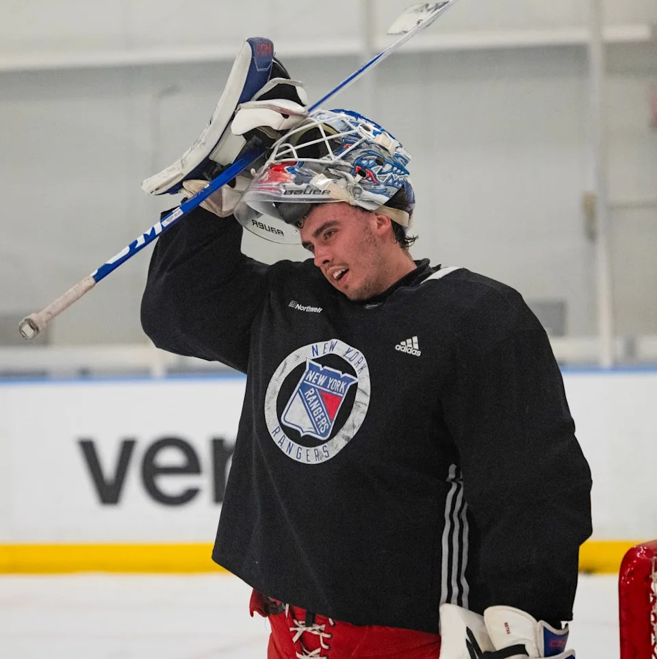 Talyn Boyko is pictured during a July 2024 practice during the Rangers’ prospect camp. Charles Wenzelberg