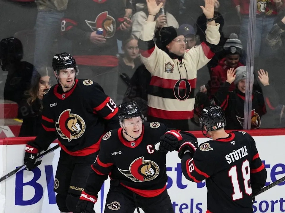  Ottawa Senators’ Brady Tkachuk (7) celebrates his goal against the San Jose Sharks with Tim Stutzle (18) and Drake Batherson (19) during third period NHL hockey action in Ottawa, on Saturday, March 1, 2025.