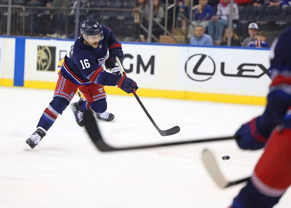 Vincent Trocheck #16 of the New York Rangers takes a shot and scores a goal against the Pittsburgh Penguins. Robert Sabo for NY Post