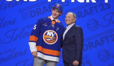 Matthew Schaefer (left), the top overall pick in the 2025 NHL Draft, signed a three-year, entry level contract with the Islanders on Monday.