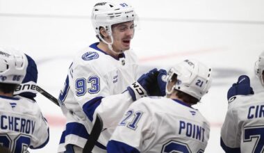 Tampa Bay Lightning center Gage Goncalves, center, celebrates his goal during the third period of the lightning's win at Washington on Saturday, March 1. (AP Photo/Nick Wass)