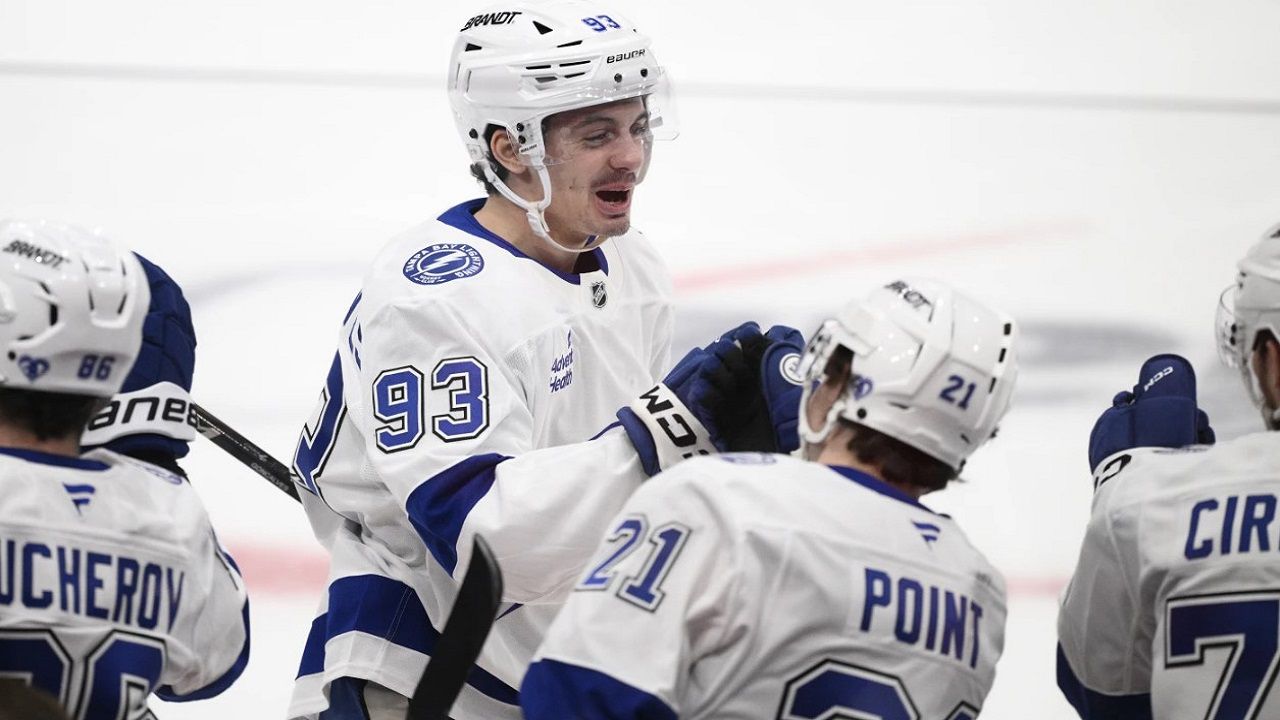 Tampa Bay Lightning center Gage Goncalves, center, celebrates his goal during the third period of the lightning's win at Washington on Saturday, March 1. (AP Photo/Nick Wass)