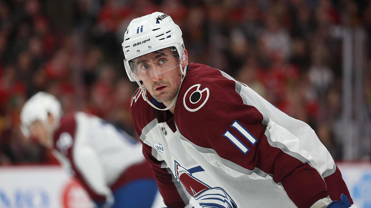 Apr 2, 2025; Chicago, Illinois, USA; Colorado Avalanche center Brock Nelson (11) waits for a faceoff during the second period against the Chicago Blackhawks at United Center. Mandatory Credit: Talia Sprague-Imagn Images