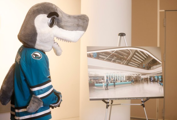 San Jose Sharks mascot S.J. Sharkie stands next to a rendering of the interior of the SAP Center during a press conference about the San Jose Sharks' lease extension at SAP Center until 2051 at San Jose City Hall in downtown in San Jose, Calif., on Tuesday, Aug. 26, 2025. (Nhat V. Meyer/Bay Area News Group)