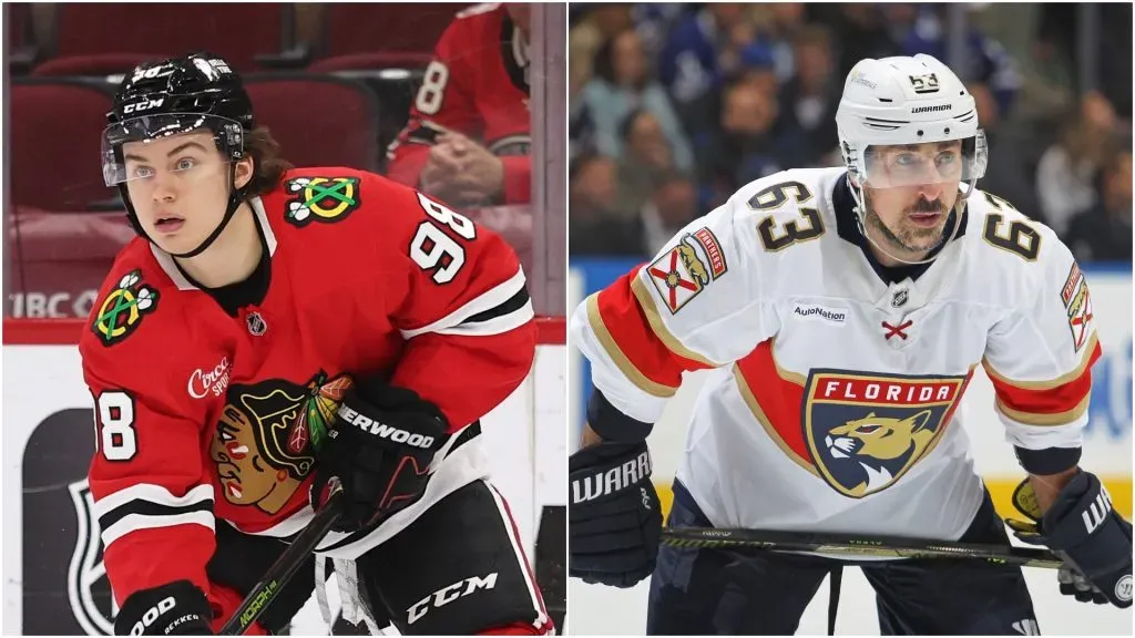 Connor Bedard in action with the Blackhawks (left) and Brad Marchand during a game with the Panthers.