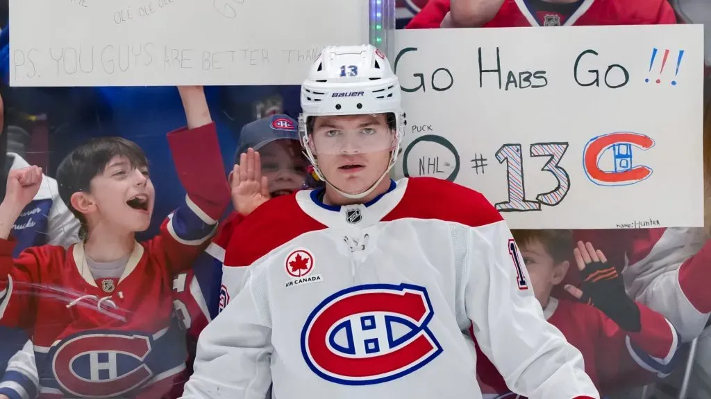 Cole Caufield #13 of the Montréal Canadiens looks on during warmup prior to their NHL game against the Vancouver Canucks at Rogers Arena on March 11, 2025 in Vancouver, British Columbia, Canada