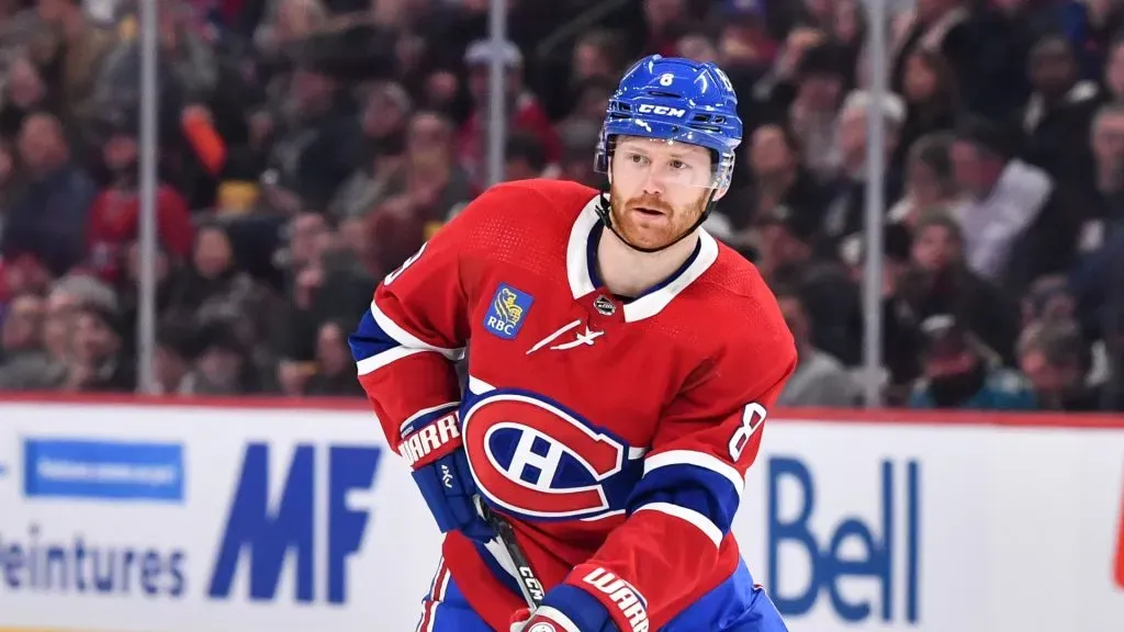 Mike Matheson #8 of the Montreal Canadiens plays the puck during the second period against the San Jose Sharks at Centre Bell on November 29, 2022 in Montreal, Quebec, Canada.