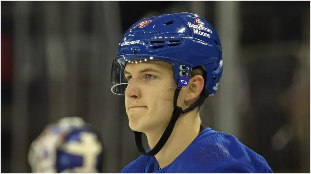 Vitali Kravtsov #74 of the New York Rangers skates in warm-ups prior to the game against the New York Islanders at Madison Square Garden on September 26, 2022 in New York City.