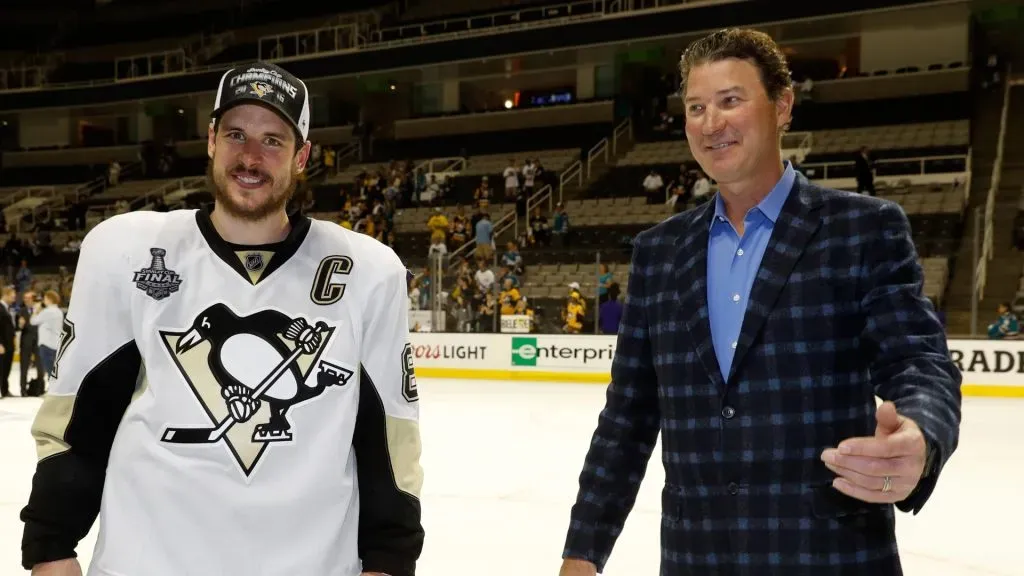 Mario Lemieux celebrates with Sidney Crosby #87 after their 3-1 victory to win the Stanley Cup against the San Jose Sharks in the 2016 NHL Stanley Cup Final at SAP Center on June 12, 2016 in San Jose, California