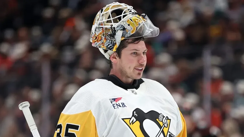 Tristan Jarry #35 of the Pittsburgh Penguins looks on during the first period of a game against the Anaheim Ducks at Honda Center on November 07, 2023 in Anaheim, California.