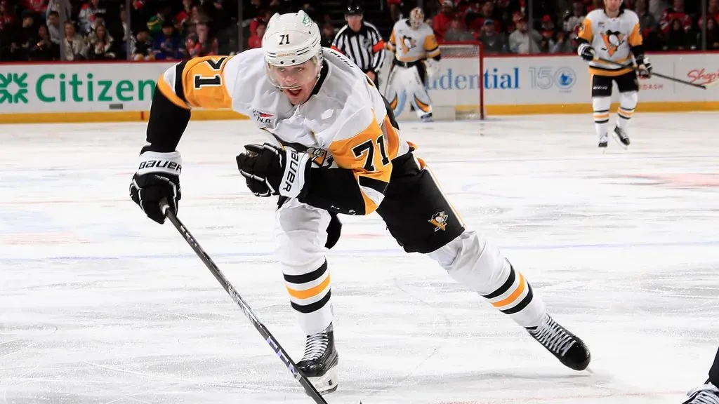 Evgeni Malkin #71 of the Pittsburgh Penguins skates against the New Jersey Devils at Prudential Center on April 11, 2025 in Newark, New Jersey. (Photo by Bruce Bennett/Getty Images)
