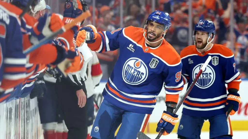 Evander Kane #91 of the Edmonton Oilers reacts after scoring on the Edmonton Oilers during the first period in Game Two of the 2025 Stanley Cup Final at Rogers Place on June 06, 2025 in Edmonton, Alberta, Canada. (Photo by Bruce Bennett/Getty Images)