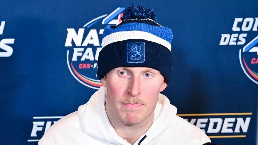 Patrik Laine #92 of Finland takes questions during media day ahead of the 2025 NHL 4 Nations Face-Off at the Bell Centre on February 11, 2025 in Montreal, Quebec, Canada.