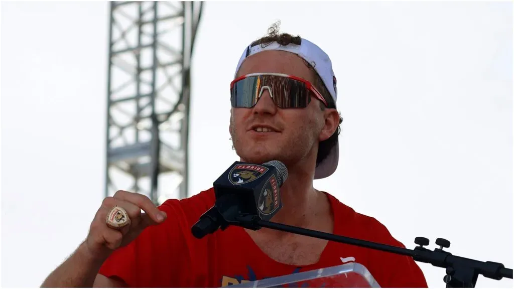 Matthew Tkachuk #19 of the Florida Panthers says a few words to the crowd during the Florida Panthers 2025 Stanley Cup Victory Parade and Rally on June 22, 2025 on Fort Lauderdale Beach, Florida.