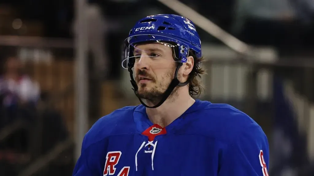 J.T. Miller #8 of the New York Rangers in action during the game against the Toronto Maple Leafs at Madison Square Garden on March 20, 2025 in New York City