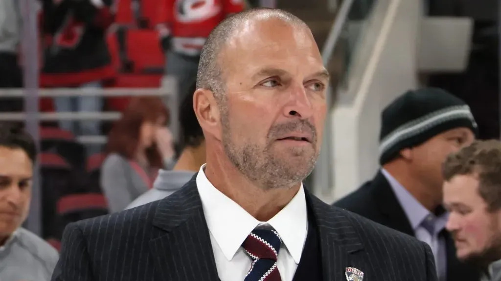 General Manger Bill Zito of the Florida Panthers watches the postgame celebration following a win against the Carolina Hurricanes of Game Five of the Eastern Conference Final of the 2025 Stanley Cup Playoffs at Lenovo Center on May 28, 2025 in Raleigh, North Carolina.