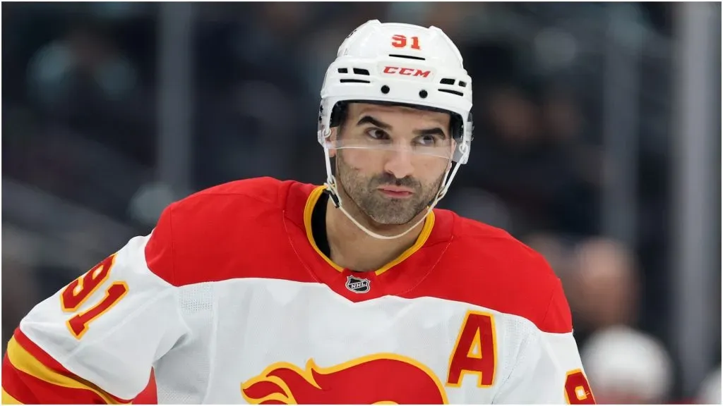 Nazem Kadri #91 of the Calgary Flames looks on during the first period against the Seattle Kraken at Climate Pledge Arena on February 02, 2025 in Seattle, Washington.