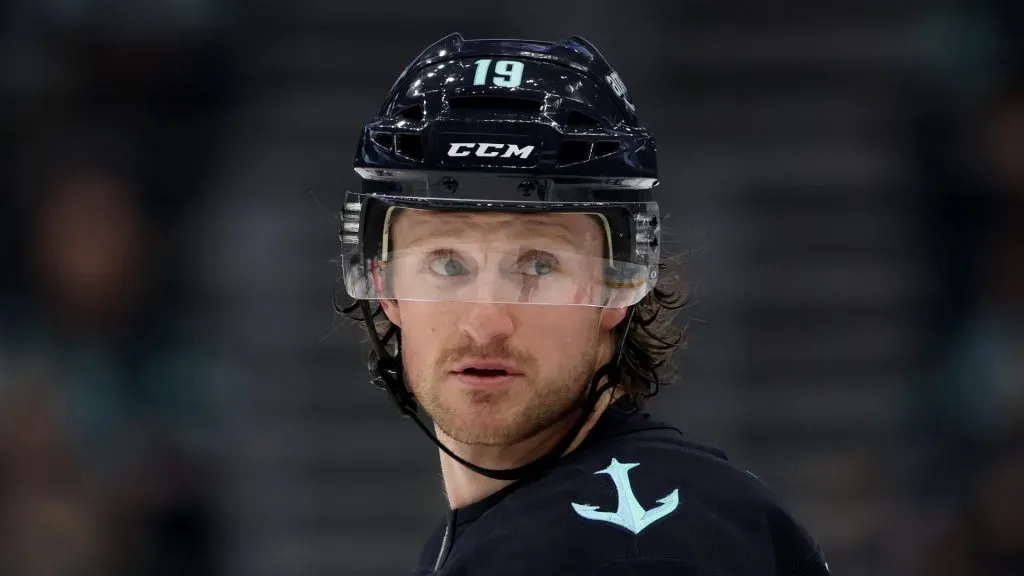 Jared McCann #19 of the Seattle Kraken looks on during the second period against the New York Rangers at Climate Pledge Arena on November 17, 2024 in Seattle, Washington.