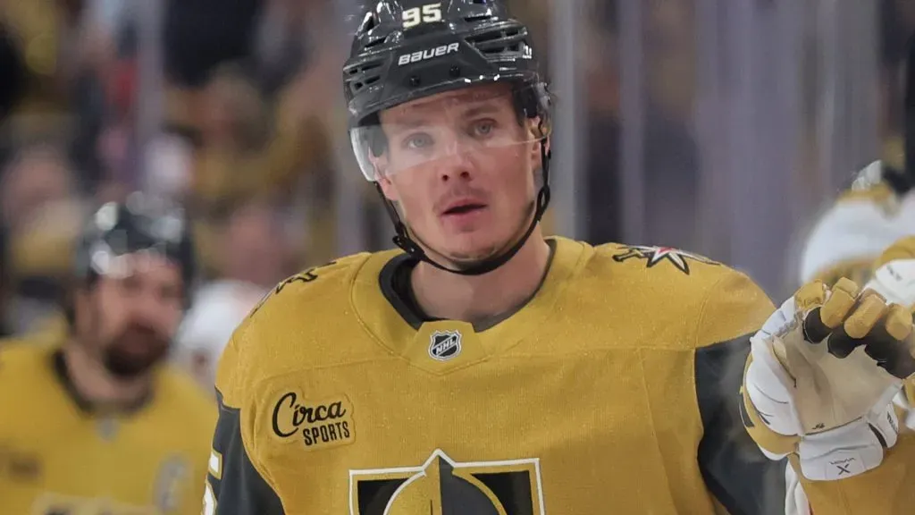 Victor Olofsson #95 of the Vegas Golden Knights during Game Two of the Second Round of the 2025 Stanley Cup Playoffs at T-Mobile Arena on May 08, 2025 in Las Vegas, Nevada.