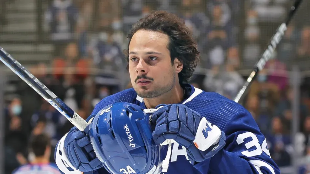 Auston Matthews #34 of the Toronto Maple Leafs gets set to play against the New York Rangers in an NHL game at Scotiabank Arena on October 18, 2021 in Toronto, Ontario, Canada.