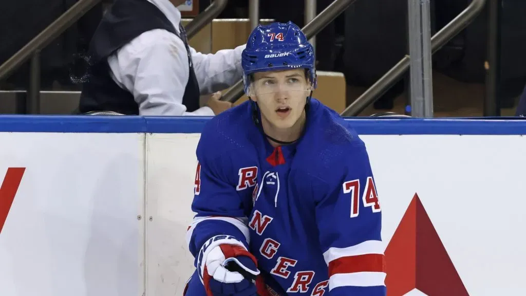 Vitali Kravtsov #74 of the New York Rangers against the New York Islanders at Madison Square Garden on September 26, 2022.