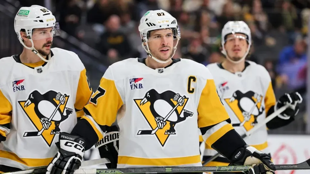 Sidney Crosby #87 of the Pittsburgh Penguins during a faceoff against the Vegas Golden Knights on March 7, 2025. (Photo by Ethan Miller/Getty Images)
