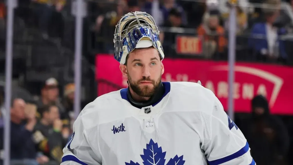 Anthony Stolarz #41 of the Toronto Maple Leafs takes a break during a stop in play in the second period of a game against the Vegas Golden Knights at T-Mobile Arena on March 05, 2025 in Las Vegas, Nevada. The Golden Knights defeated the Maple Leafs 5-2.