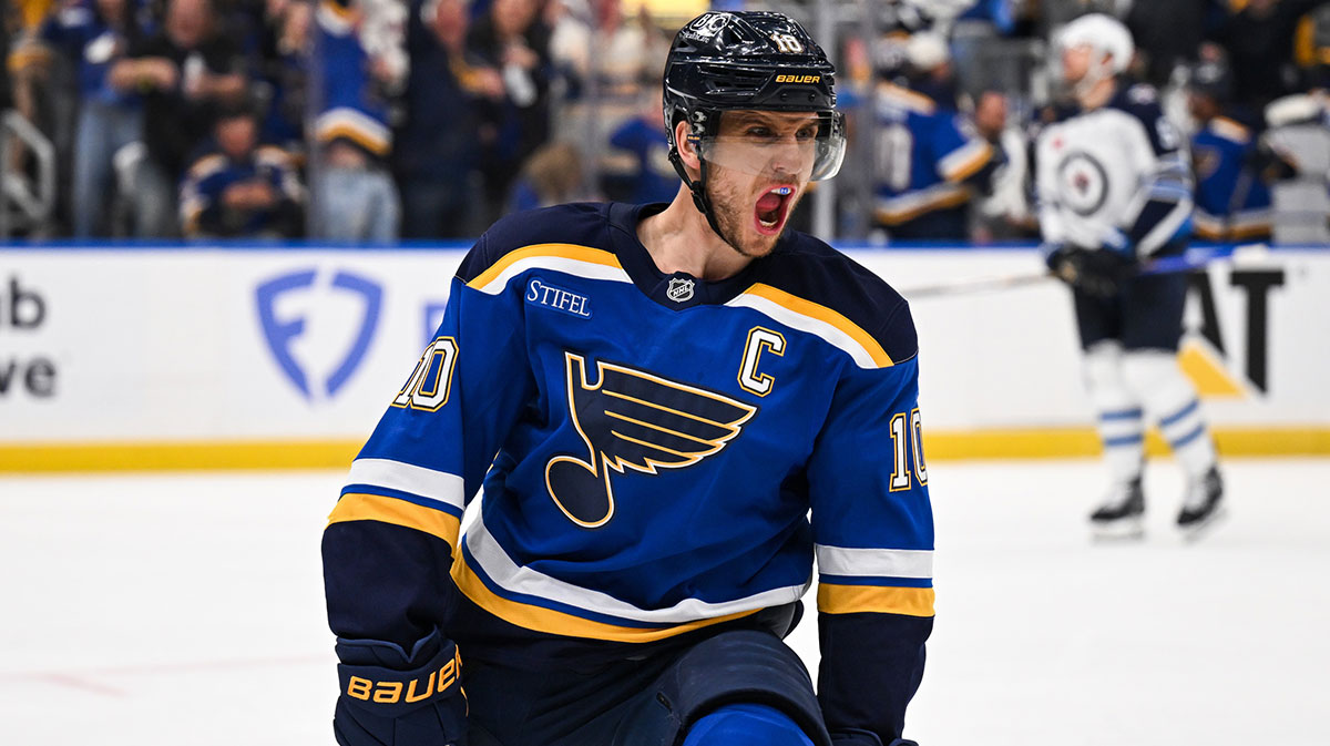 St. Louis Blues center Brayden Schenn (10) reacts to scoring a goal against the Winnipeg Jets during the second period in game six of the first round of the 2025 Stanley Cup Playoffs at Enterprise Center.