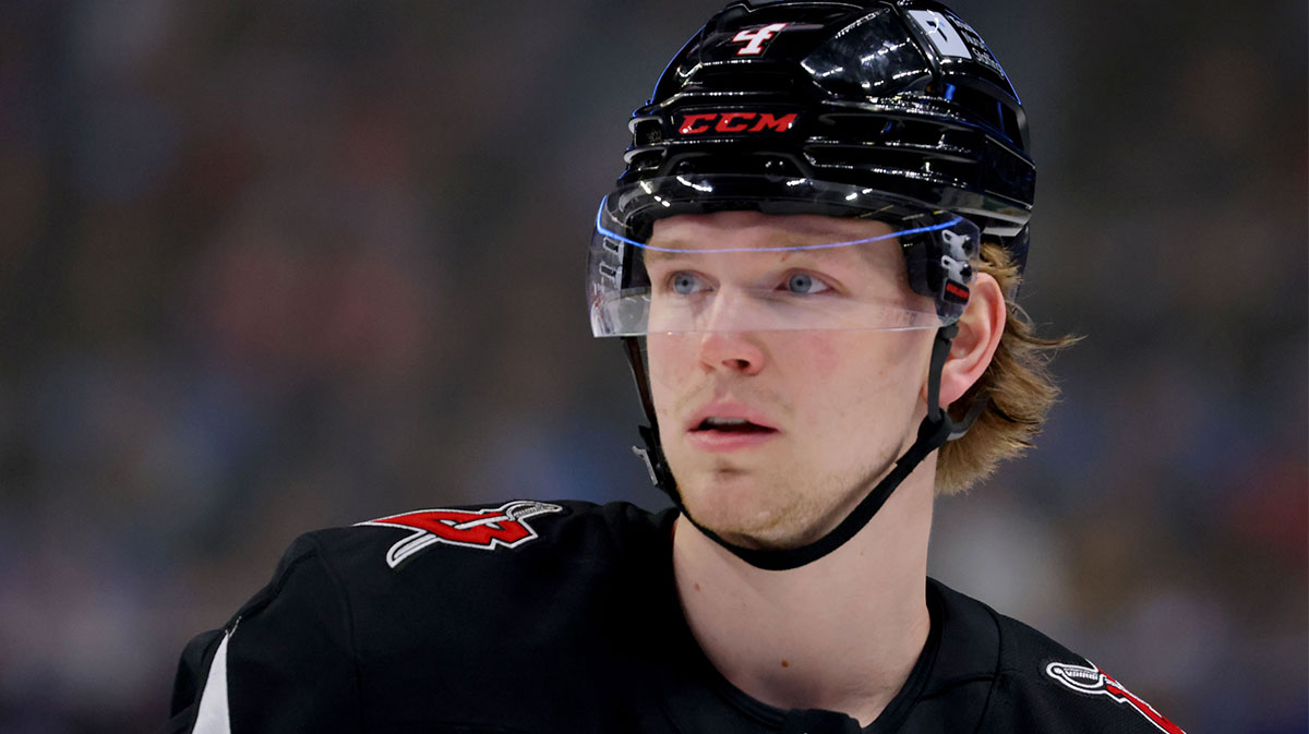 Buffalo Sabres defenseman Bowen Byram (4) during a stoppage in play against the Montreal Canadiens at KeyBank Center.