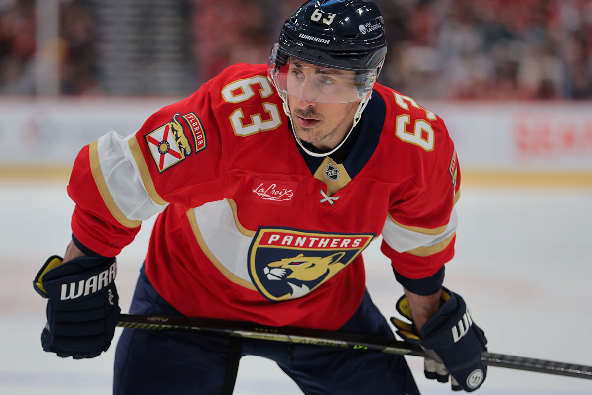 Florida Panthers center Brad Marchand (63) looks on against the Utah Hockey Club during the second period at Amerant Bank Arena.