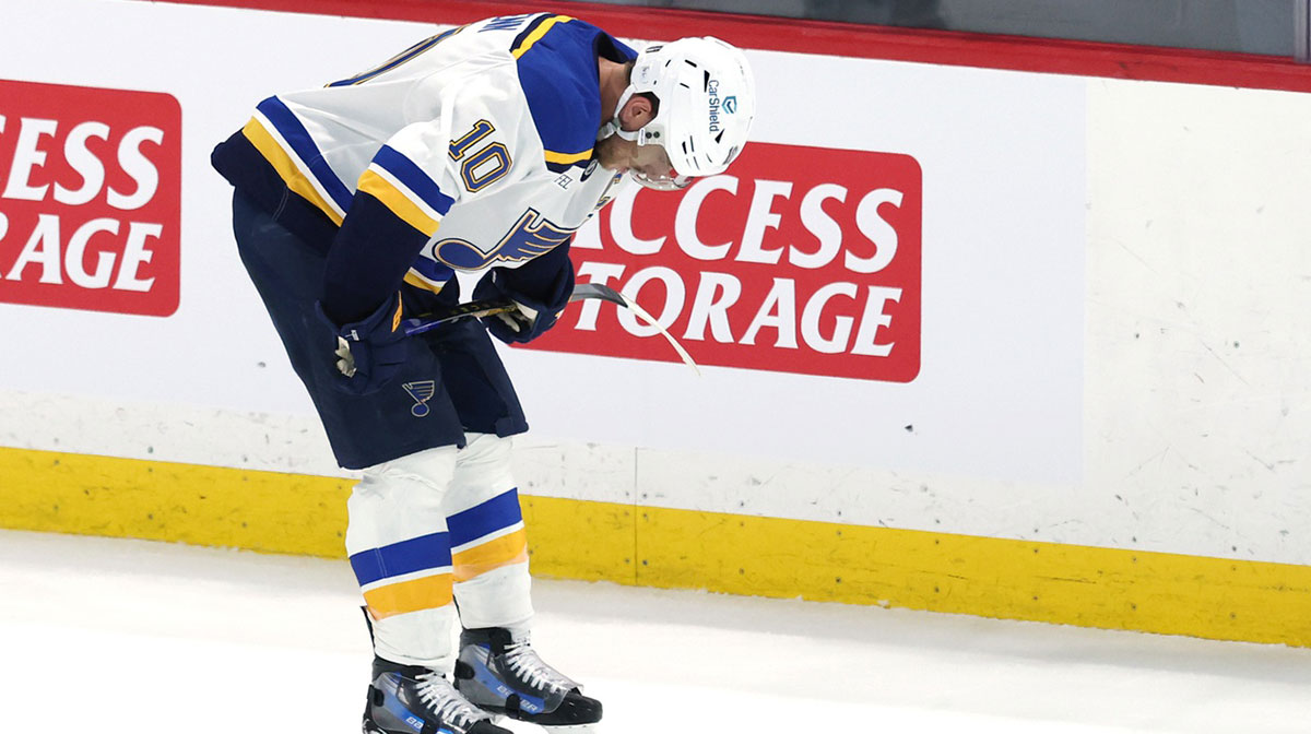 St. Louis Blues center Brayden Schenn (10) reacts to the team’s double overtime loss to the Winnipeg Jets in game seven of the first round of the 2025 Stanley Cup Playoffs at Canada Life Centre.
