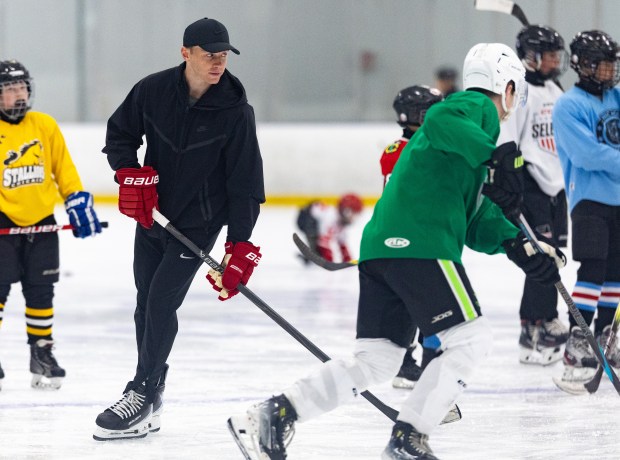Former Blackhawks right wing Patrick Kane skates around with youth hockey players during Patrick Kane Day Friday, Aug. 8, 2025 at Johnny's Ice House West in the United Center neighborhood of Chicago. The City of Chicago officially named Aug. 8 Patrick Kane Day. Kane donated multiple items to the youth that attended the skate around including hockey sticks, helmets, gloves and more.(Dominic Di Palermo/Chicago Tribune)