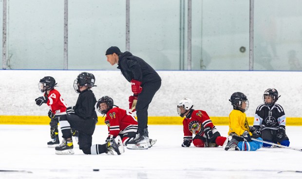 Former Blackhawks right wing Patrick Kane skates around with youth hockey players during Patrick Kane Day Friday, Aug. 8, 2025 at Johnny's Ice House West in the United Center neighborhood of Chicago. The City of Chicago officially named Aug. 8 Patrick Kane Day. Kane donated multiple items to the youth that attended the skate around including hockey sticks, helmets, gloves and more.(Dominic Di Palermo/Chicago Tribune)