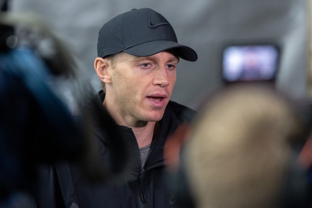 Former Blackhawks right winger Patrick Kane speaks to the media during Patrick Kane Day Friday, Aug. 8, 2025 at Johnny's Ice House West in the United Center neighborhood of Chicago. The City of Chicago officially named Aug. 8 Patrick Kane Day. (Dominic Di Palermo/Chicago Tribune)
