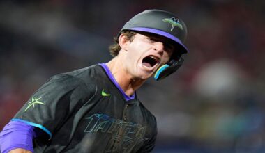 Tampa Bay Rays' Carson Williams reacts after his two-run home run off St. Louis Cardinals pitcher Ryan Fernandez during the seventh inning of a baseball game Friday, Aug. 22, 2025, in Tampa, Fla. (AP Photo/Chris O'Meara)