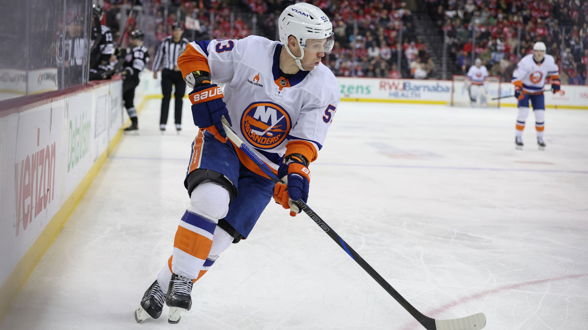 New York Islanders center Casey Cizikas (53) skates with the puck against the New Jersey Devils during the third period at Prudential Center.