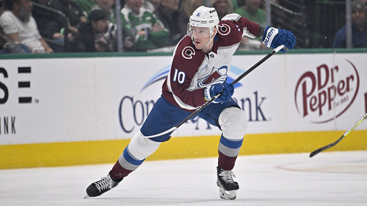 Colorado Avalanche center Charlie Coyle (10) in action during the game between the Dallas Stars and the Colorado Avalanche in game two of the first round of the 2025 Stanley Cup Playoffs at American Airlines Center