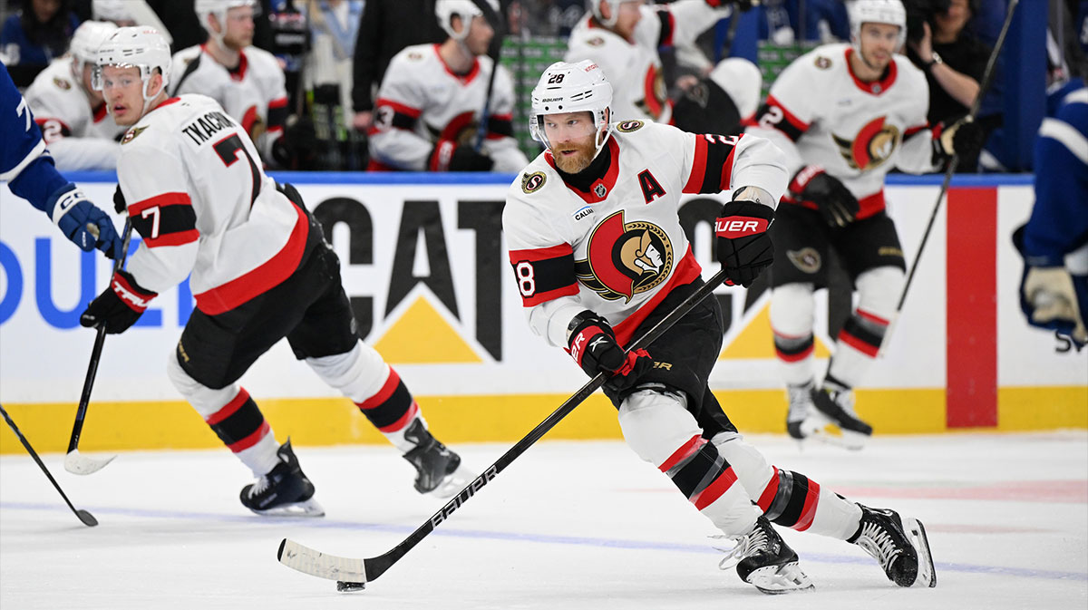 Ottawa Senators forward Claude Giroux (28) skates with the puck against the Toronto Maple Leafs in the second period in game two of the first round of the 2025 Stanley Cup Playoffs at Scotiabank Arena.